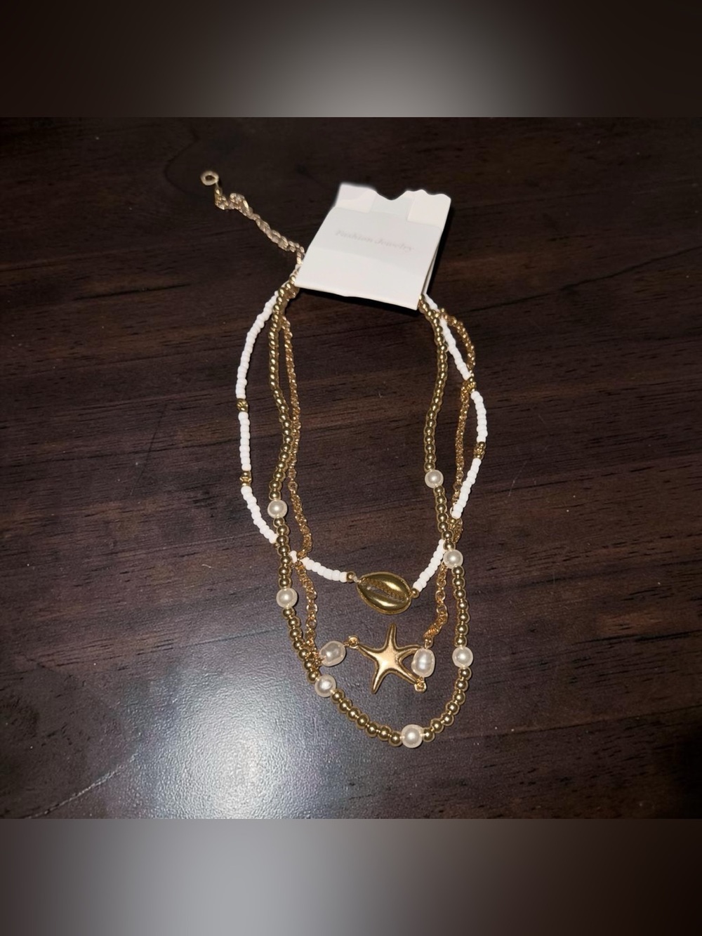 NWT- 3-Piece Coastal Boho Gold Tone Starfish Shell Pearl Necklace Set